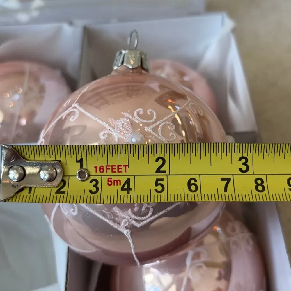 NEW Vitbis Poland Handcrafted Glass Ornaments Set of 6 Pink w/ White Glitter